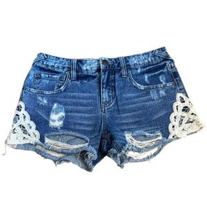 Free People Distressed Blue Jean Shorts with Lace Accents Size 25